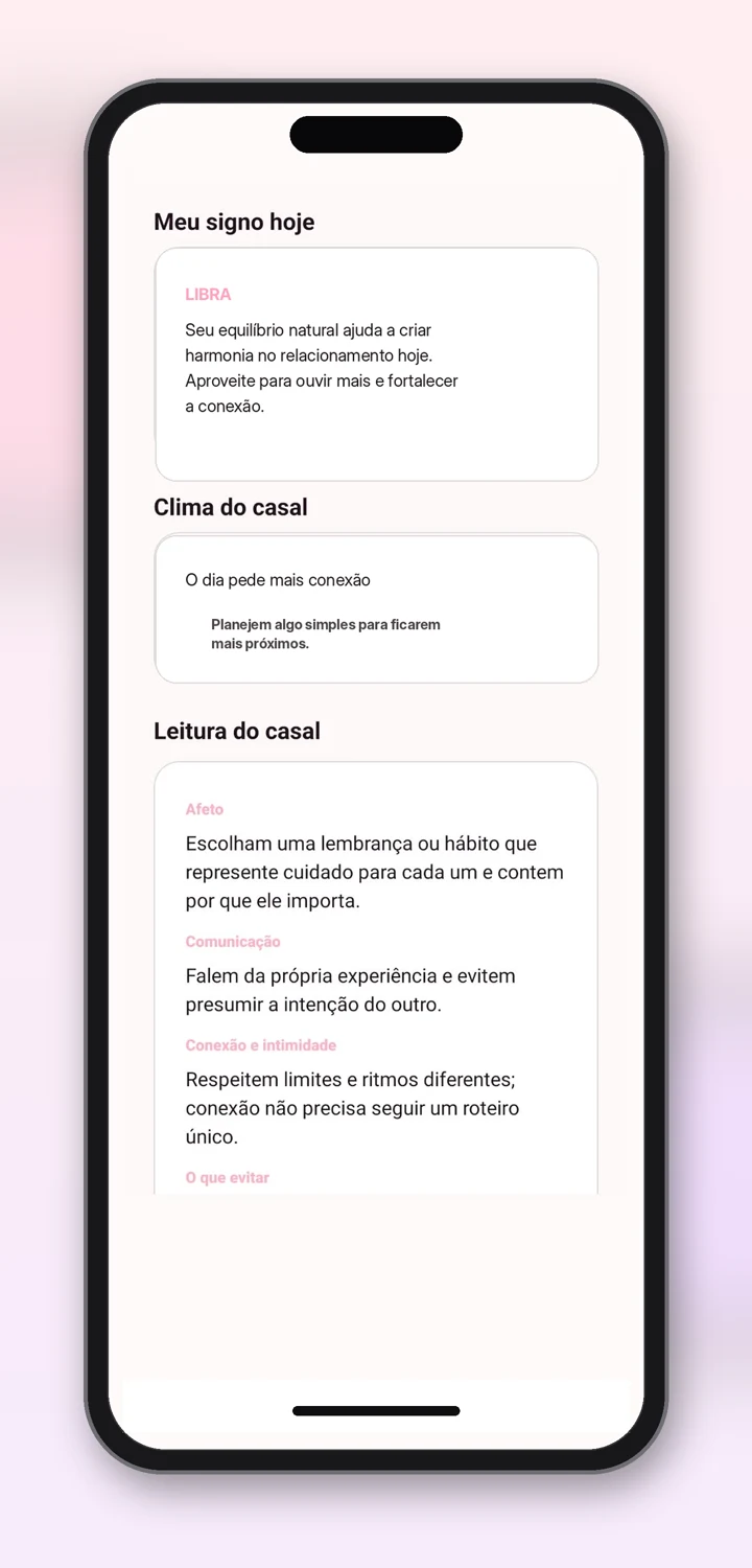 Pantalla de Astros del Amor con la lectura del signo, el clima de la pareja y temas de afecto, comunicación y conexión.