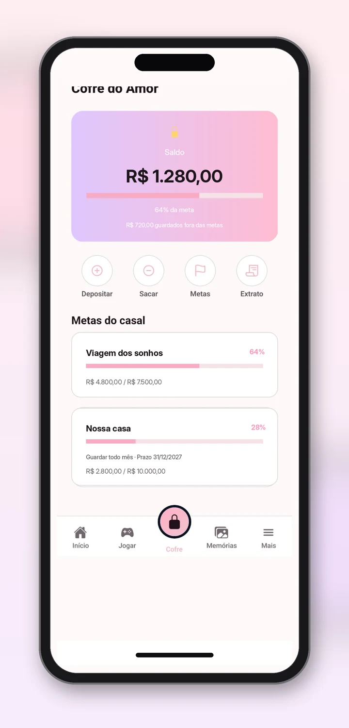Pantalla del Cofre del Amor con registros simbólicos, el progreso de un viaje y una meta para el hogar de la pareja.
