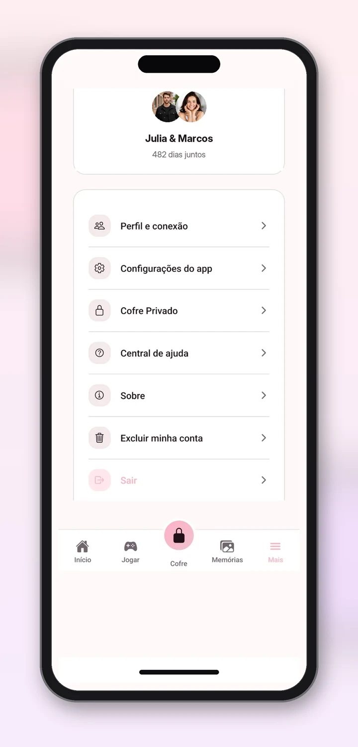 Pantalla Mais (Más) con el perfil de la pareja, ajustes, Cofre Privado, centro de ayuda y eliminación de la cuenta.