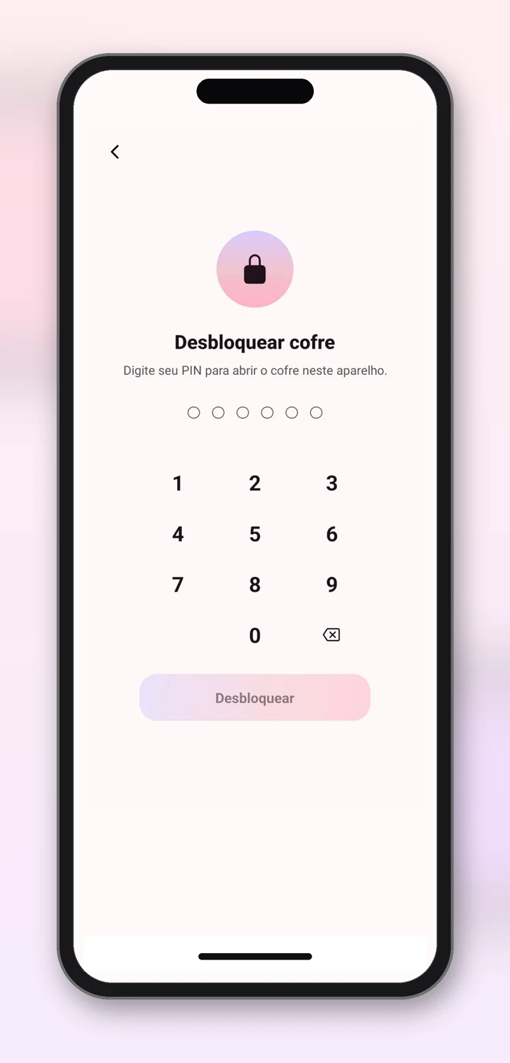 Pantalla de desbloqueo del Cofre Privado con seis posiciones para el PIN y un teclado numérico.